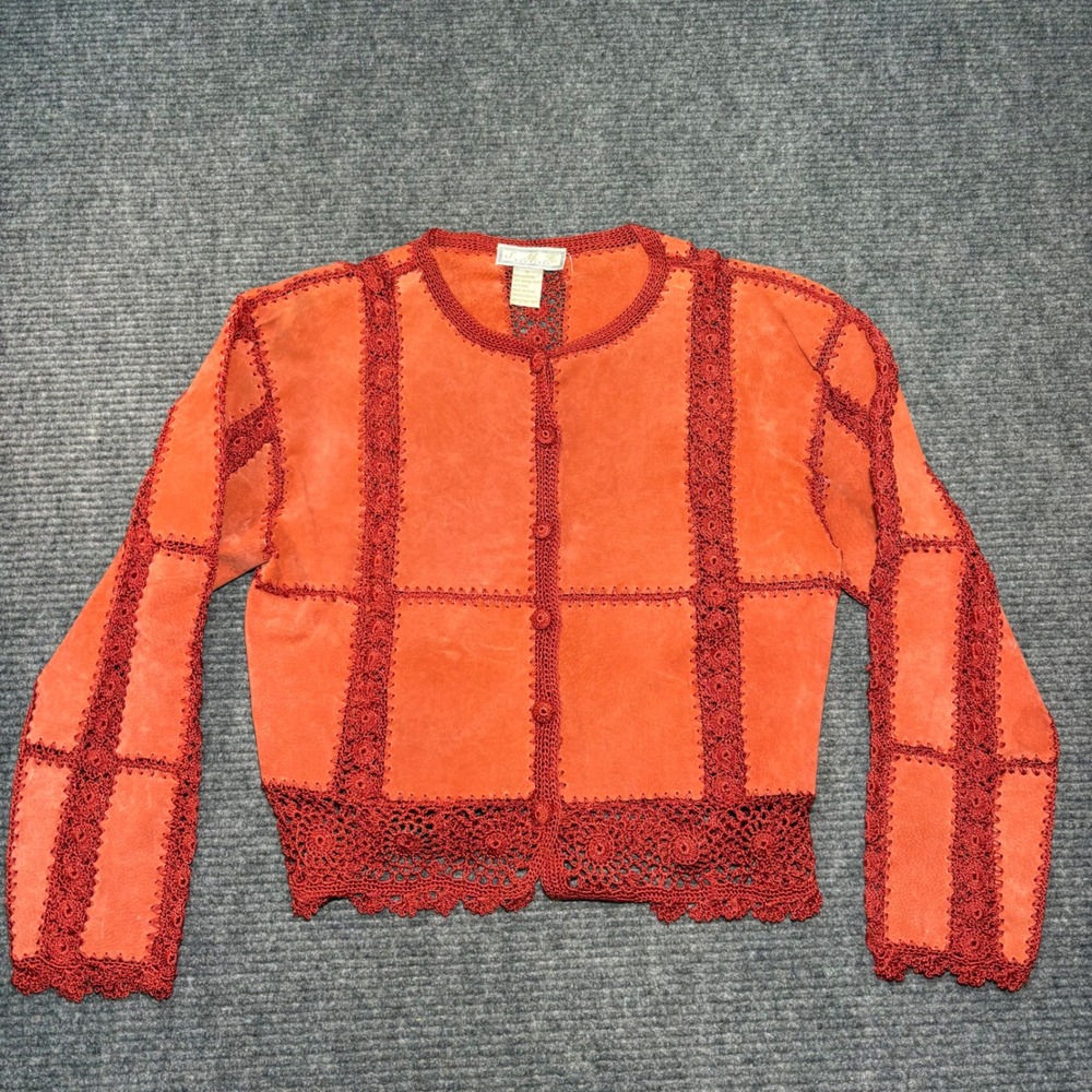 S.M.H. Boutique Vintage Burnt Orange Suede Crochet Patchwork Cardigan Jacket M